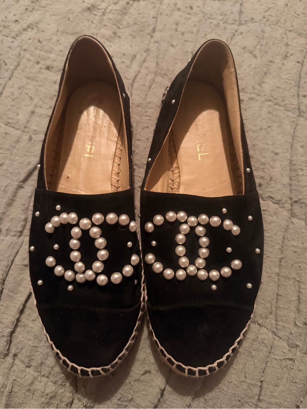 Chanel Suede Black Pearl-Embellished Women's Espadrilles